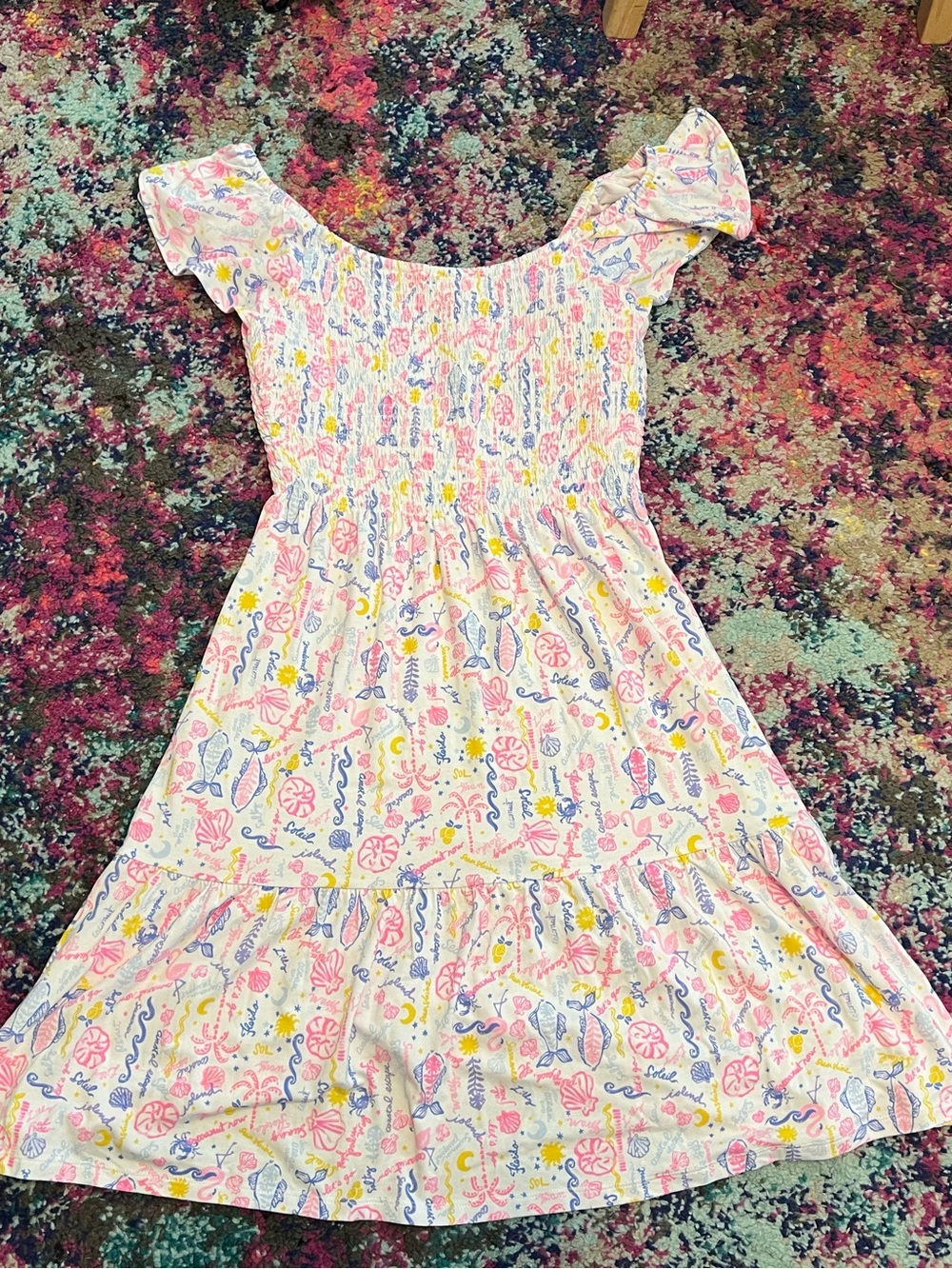 Lilly Pulitzer NWT Multicolor Smocked Flutter-Sleeve Sundress S summer serenade